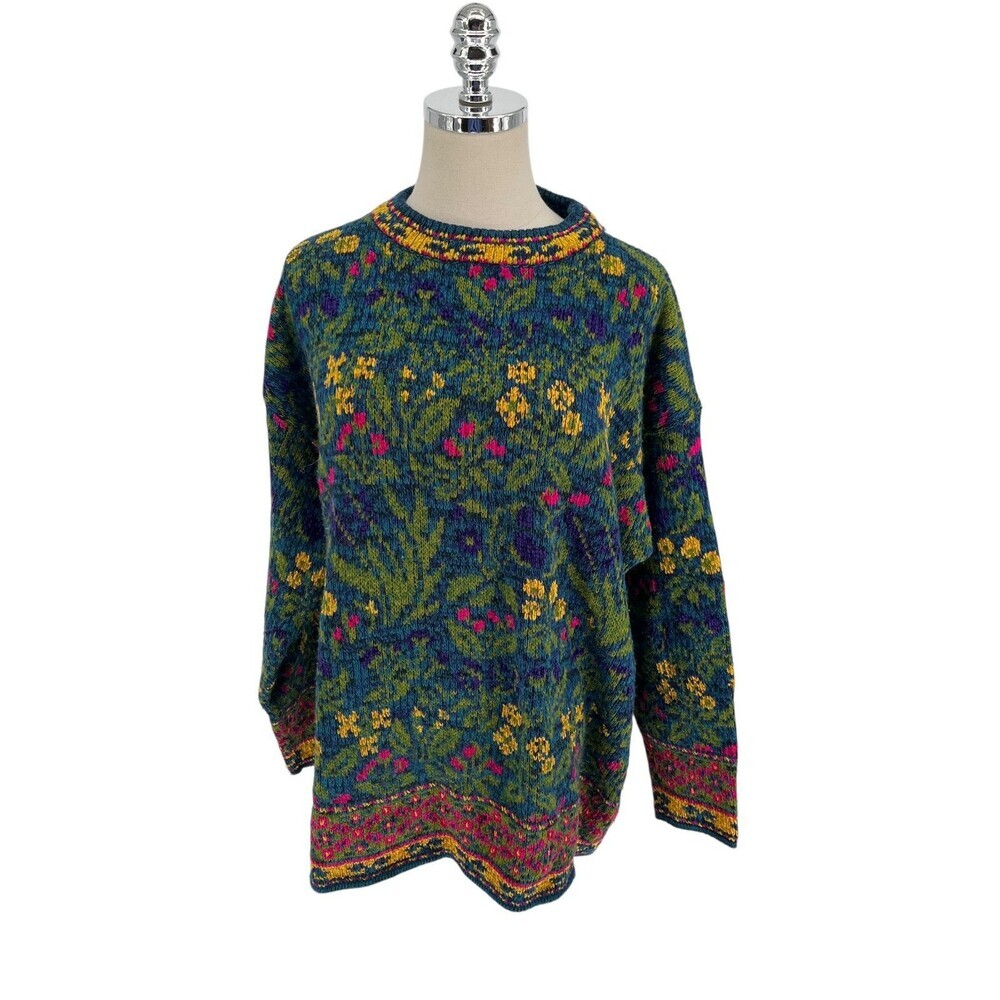 Boutique Sweater Women's Large Fair Isle Floral Geometric Teal Pink Cottagecore